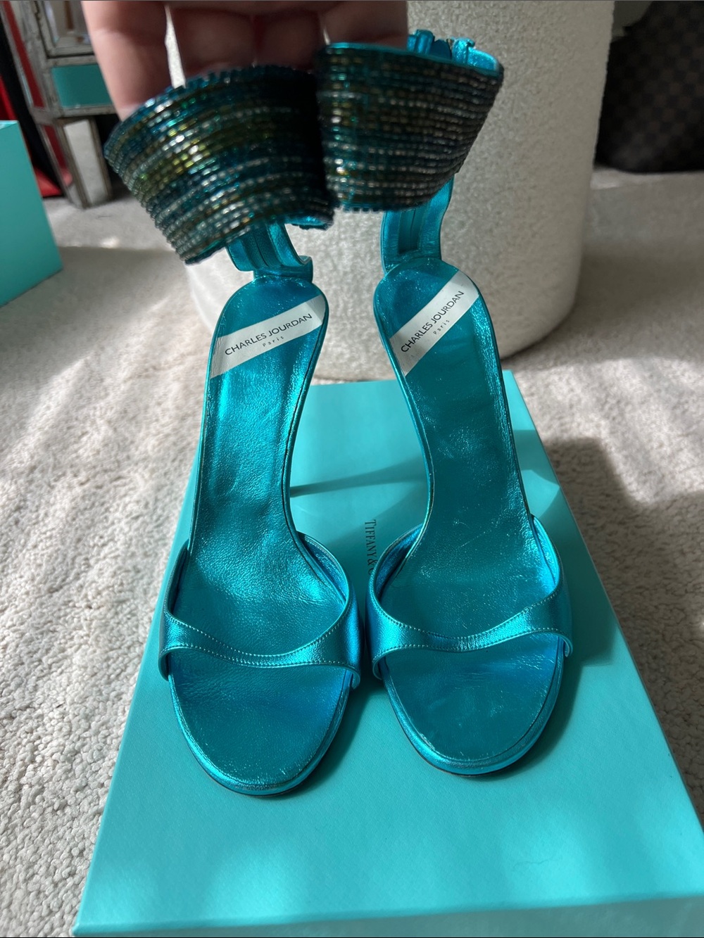 Charles Jourdan Metallic Teal Open-Toe Ankle-Strap Heels